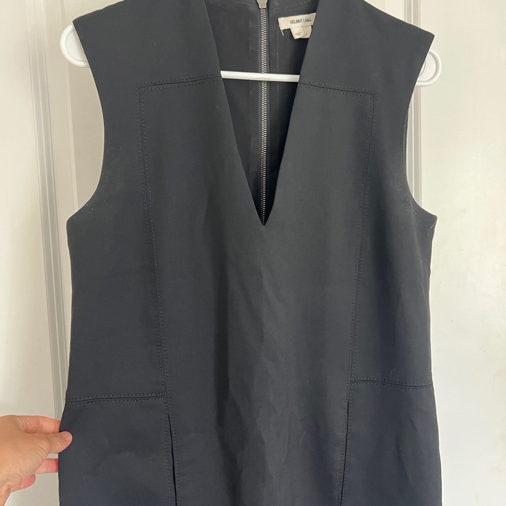 Helmut Lang Black Sleeveless V-Neck Midi Dress with Contrast Back Zip